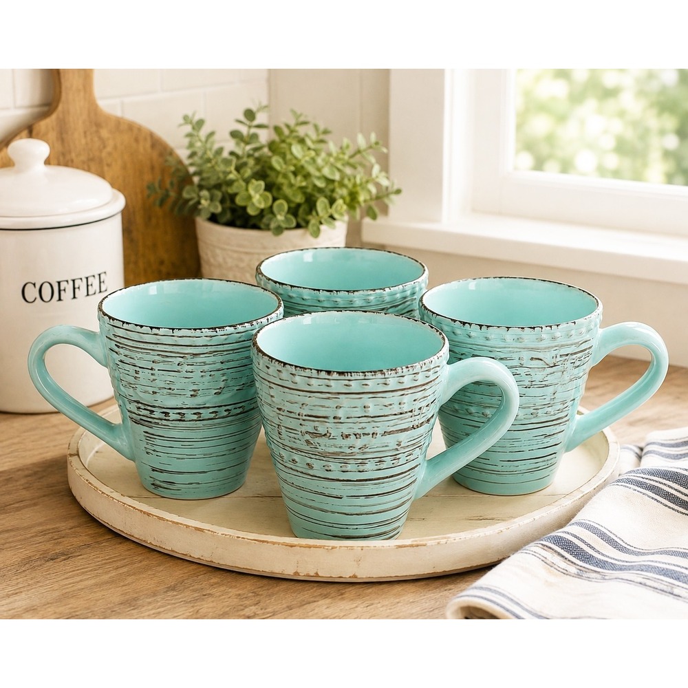 Elama Malibu Waves Stoneware Coffee Mug Set of 4 Turquoise Coastal Rustic